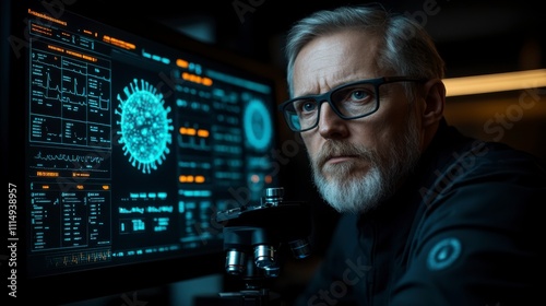 Research-focused scientist studying samples under a microscope with a virus illustration on the screen symbolizing efforts to combat global health challenges.