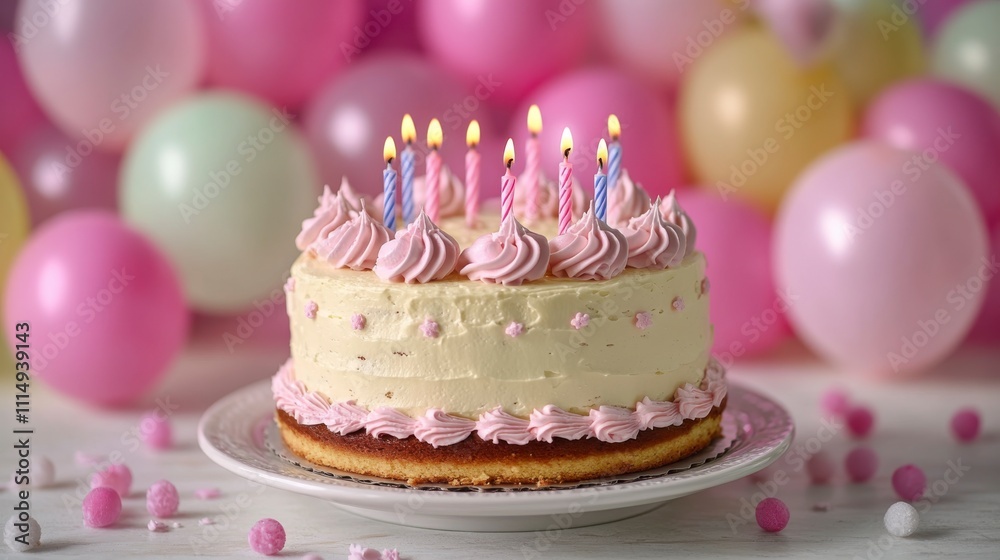 A festive birthday party scene showcasing colorful balloons filling the background and a delicious cake adorned with candles creating a joyful atmosphere. A festive birthday party scene showcasing colorful balloons filling the background and a delicious cake adorned with candles creating a joyful atmosphere.