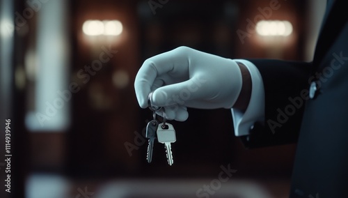 Luxurious Hotel Key Handoff: A Gloved Hand Presents Keys in an Elegant Setting