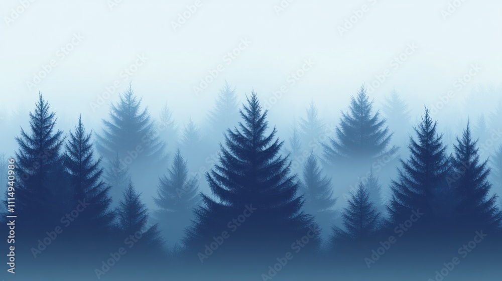 Obraz premium A misty forest with silhouettes of pine trees against a blue sky.