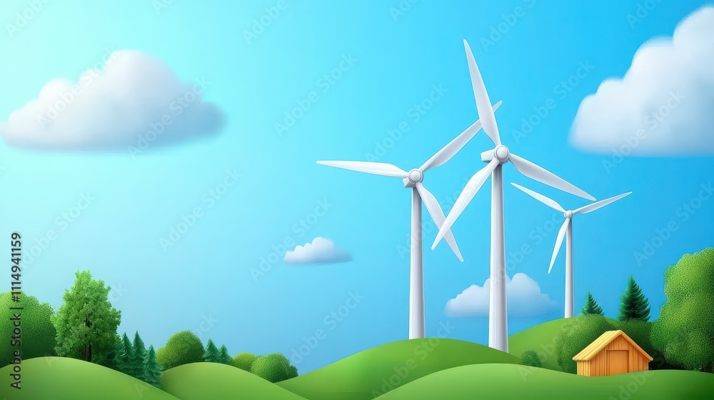 Obraz premium Green hills and wind turbines a vision for sustainable energy
