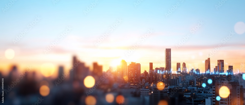 Fototapeta premium Blurred cityscape at sunset, bokeh lights.