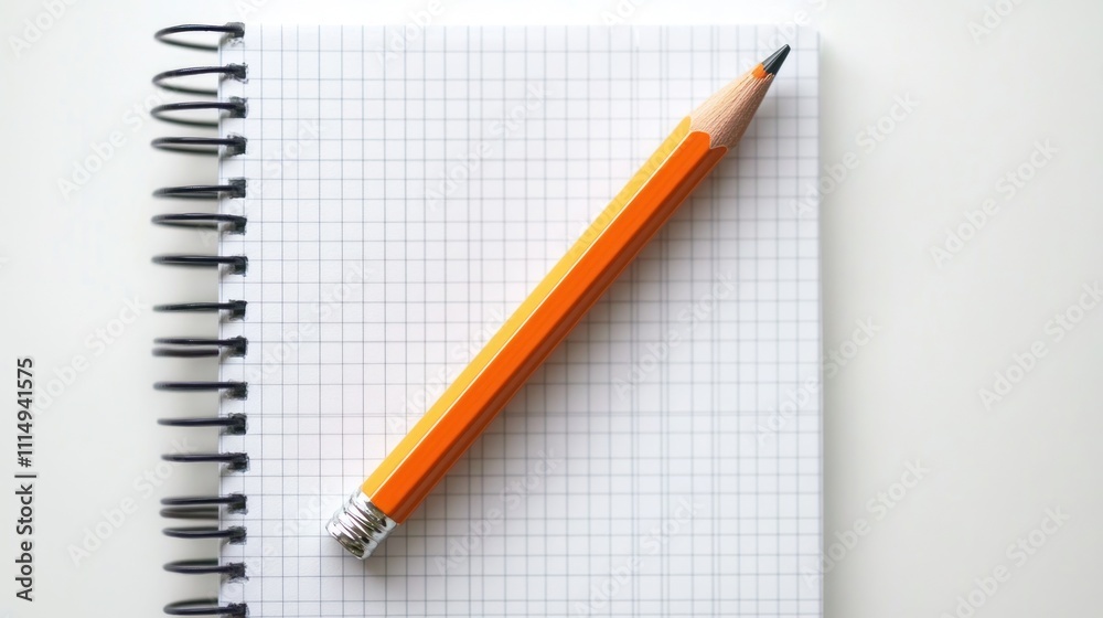 A yellow pencil lying diagonally on a blank gridded notebook. A yellow pencil lying diagonally on a blank gridded notebook.