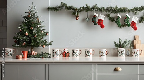 A modern kitchen beautifully decorated for the Christmas season featuring a small tree on the countertop holiday themed mugs and subtle garlands above the cabinets photo