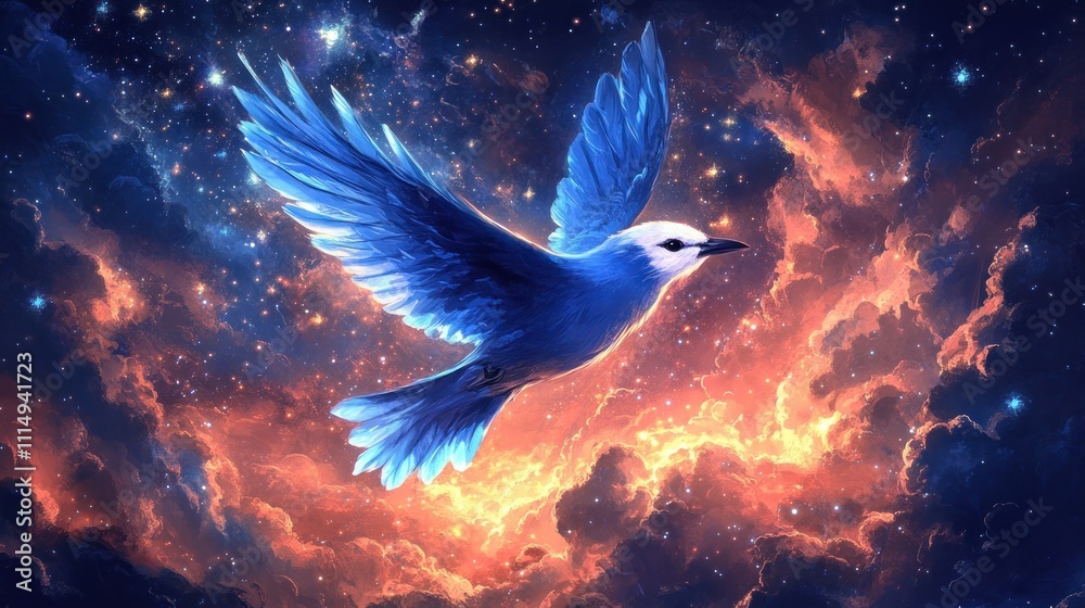 Fototapeta premium A blue bird with white head flies through a colorful nebula with a starry night sky in the background.