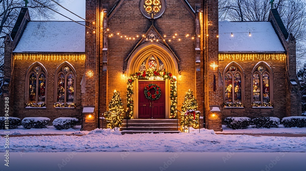 Obraz premium Beautifully Illuminated Church Exterior Adorned for Christmas Featuring a Festive Wreath String Lights and a Snowy Landscape An Enchanting Holiday Scene