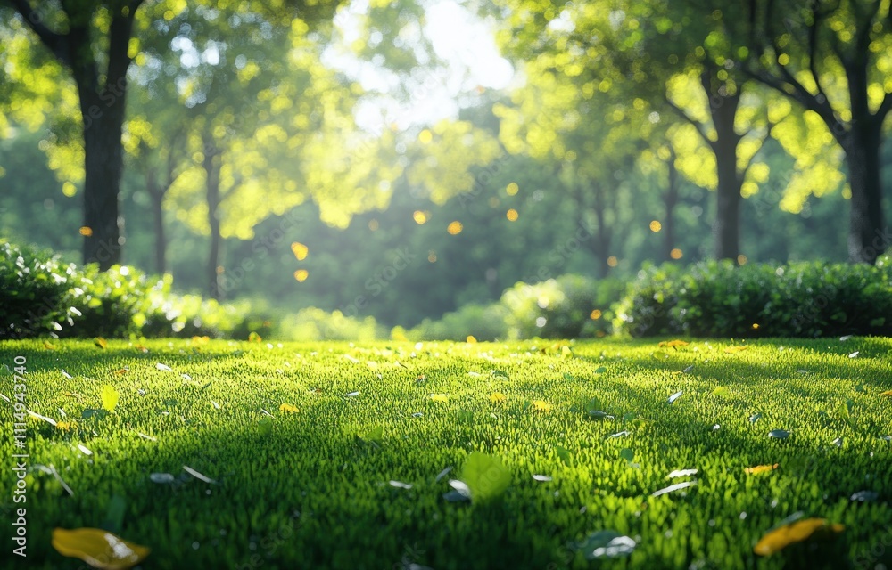 Obraz premium Vibrant Green Grass Tranquil Landscape with Trees and Blue Sky on a Sunny Day