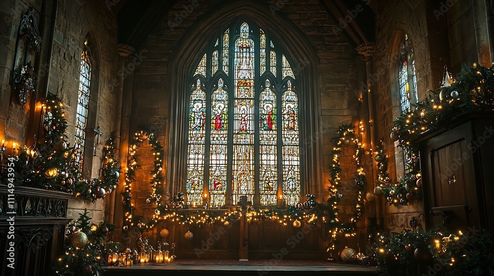 Obraz premium Stained Glass Church Window with Garlands Ornaments and Glowing Lights for the Christmas Holiday Season