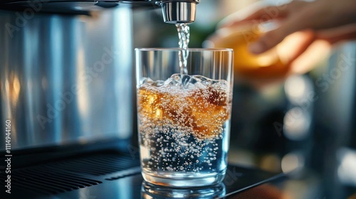 Woman pouring fresh sparkling water from cooler into glass close-up shot in soft lighting