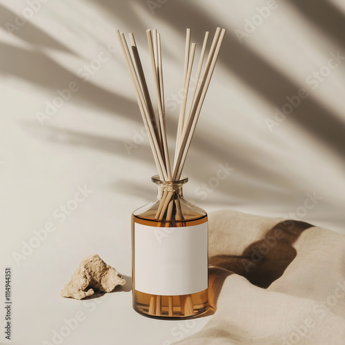 A bottle of reed diffuser featuring a white label placed on it. Diffuser white blank label mockup