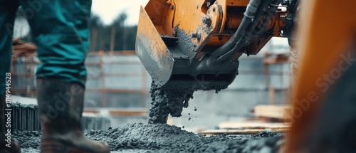 A close-up of a construction worker operating a concrete pump truck to pour a foundation at a residential construction site, Foundation pouring scene, Operation-focused style photo