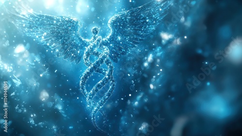 Angelic DNA structure, glowing blue, particle effects. photo