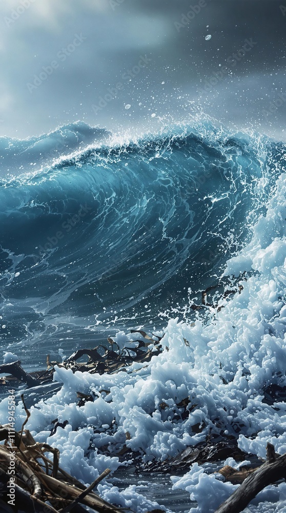 Fototapeta premium Bubbly water wave with ocean debris and seaweed, beach scene, sea creatures, marine life