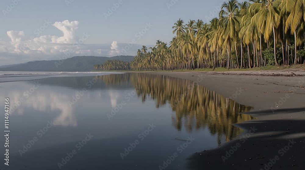 Obraz premium Calm Ocean Reflecting Palm Trees On Sandy Beach