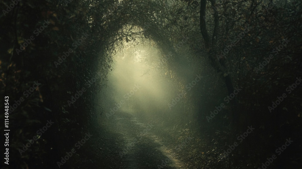 Obraz premium Pathway through a sunlit forest. The interplay of sunlight and shadow along a forest trail symbolizes the balance of guidance and mystery in spiritual journeys.