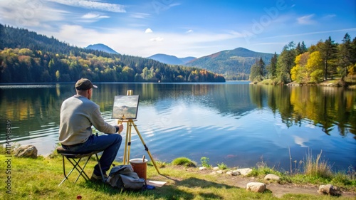 Artist Painting Mountain Landscape by a Lake photo