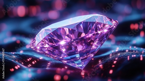 Glowing Diamond Representing Digital Wealth, Crypto Assets, Binary Code, NFT Ownership and Blockchain Technology photo