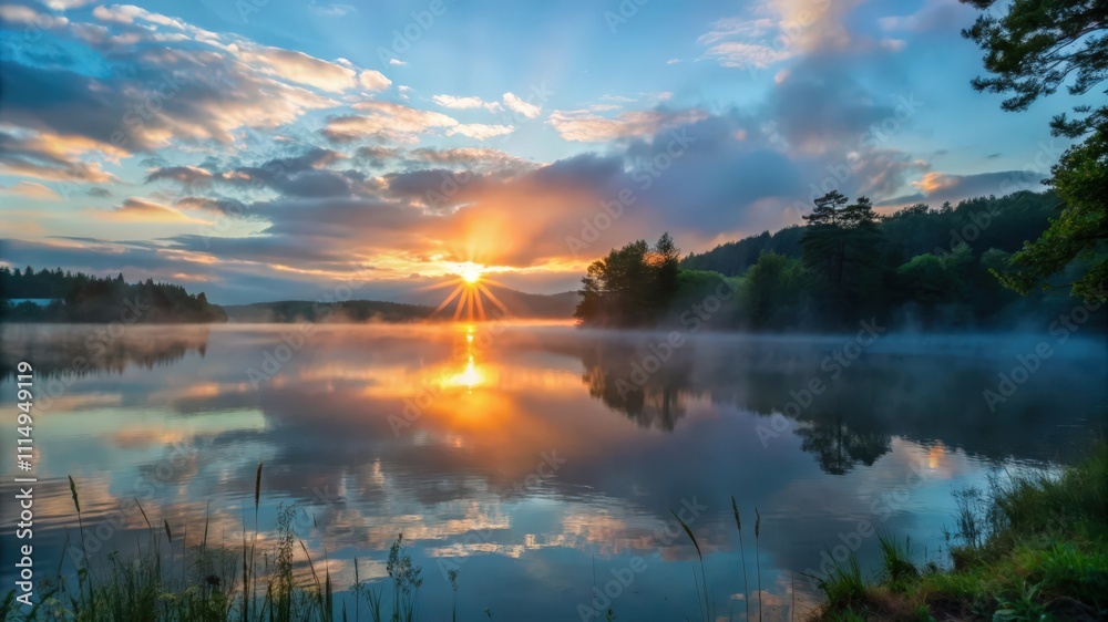 Fototapeta premium Sunrise Over a Misty Lake with Reflected Clouds and Trees