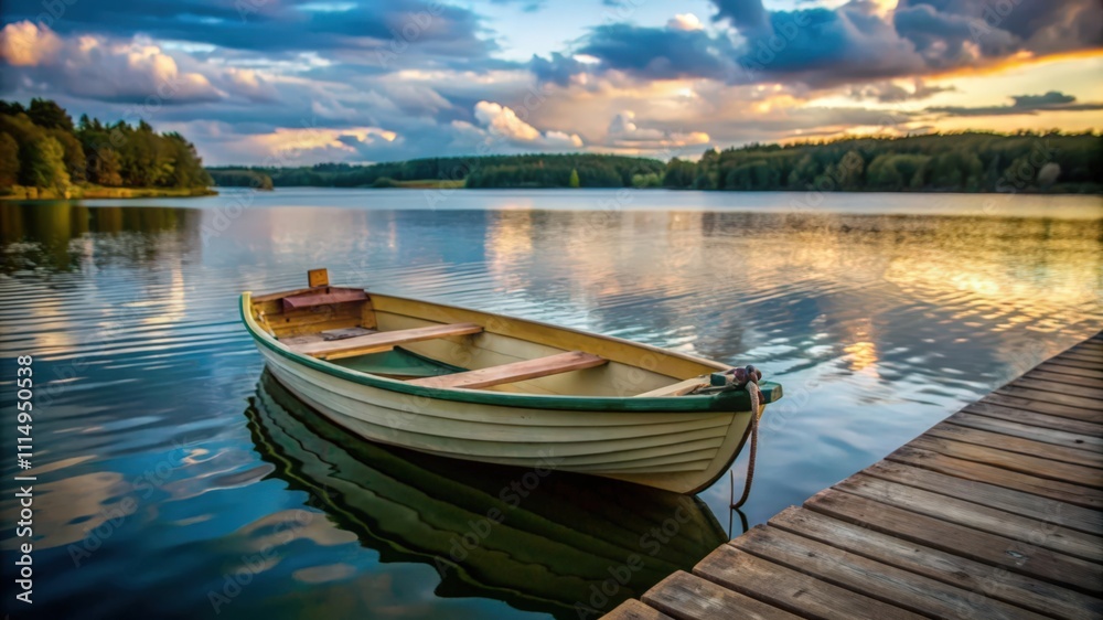 Small Rowboat Moored at a Wooden Dock with a Cloudy Sunset Over a Lake Small Rowboat Moored at a Wooden Dock with a Cloudy Sunset Over a Lake