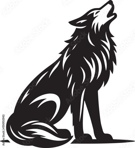 A wolf in a crouched howling pose with its head turned to the side black vector silhouette