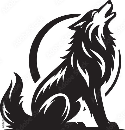 A wolf in a crouched howling pose with its head turned to the side black vector silhouette