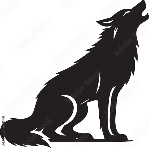 A wolf in a crouched howling pose with its head turned to the side black vector silhouette