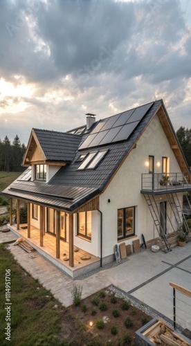 Modern House Features Solar Water Heating System With Large Windows at Sunset. Generative AI