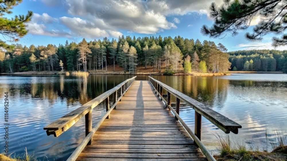 Naklejka premium Wooden Bridge Leading to a Tranquil Lake Surrounded by Trees