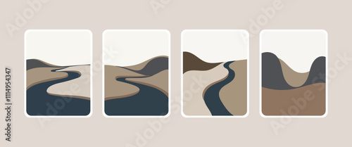 Vector illustration. A black and white landscape in a modern style, conveying the curves of the river and the surrounding hills in strict neutral colors.