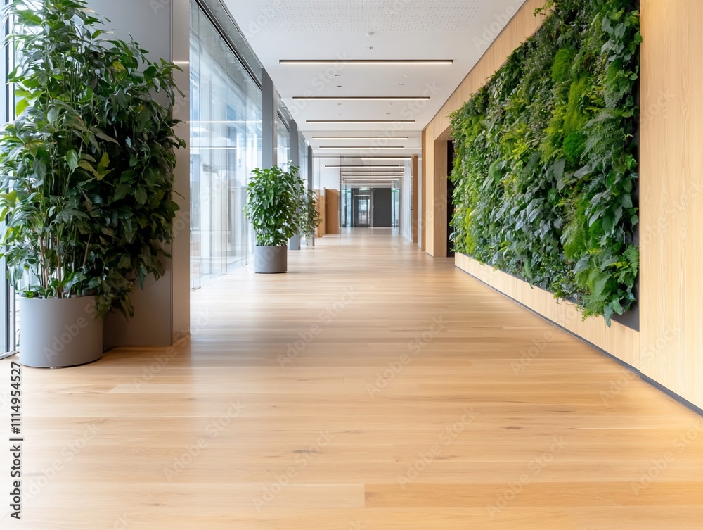 Modern office hallway with plants and wood floors.