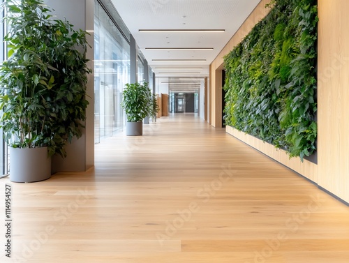 Obraz na płótnie Modern office hallway with plants and wood floors. w salonie