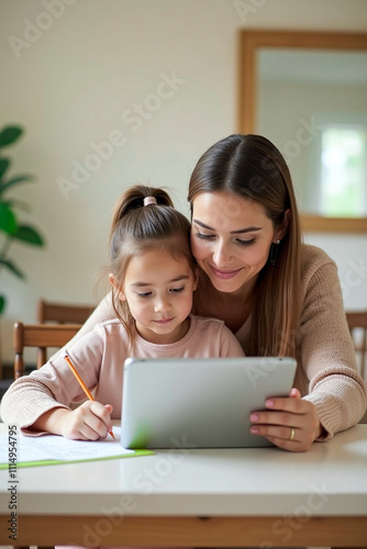 mother and daughter using tactil tablet