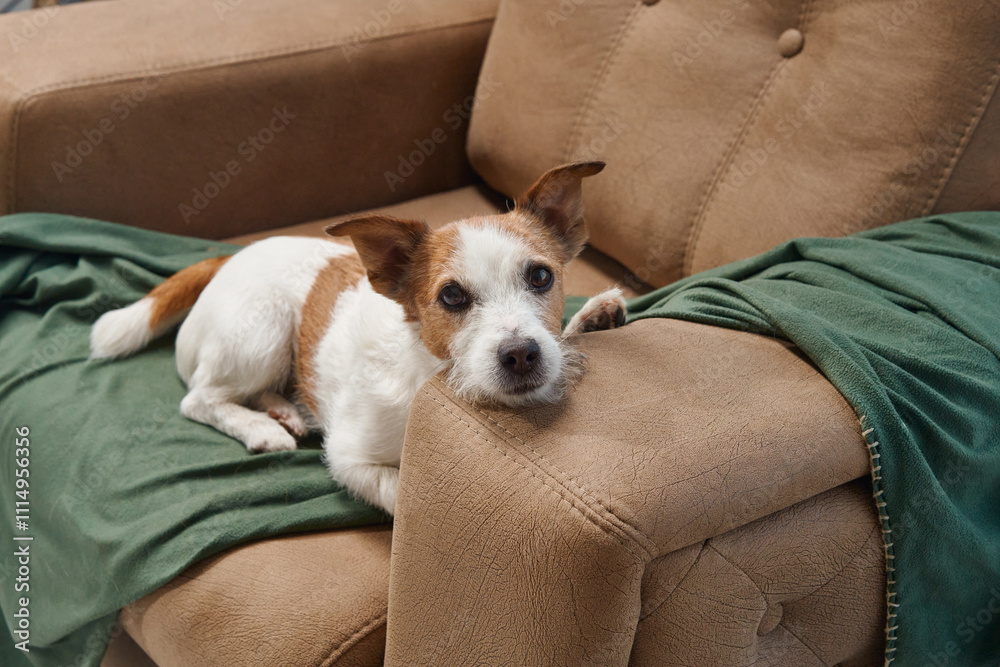 Obraz premium Jack Russell Terrier dog rests its head on an armchair indoors, showing a calm and relaxed expression. The cozy setup highlights the pet's serene and comfortable state.