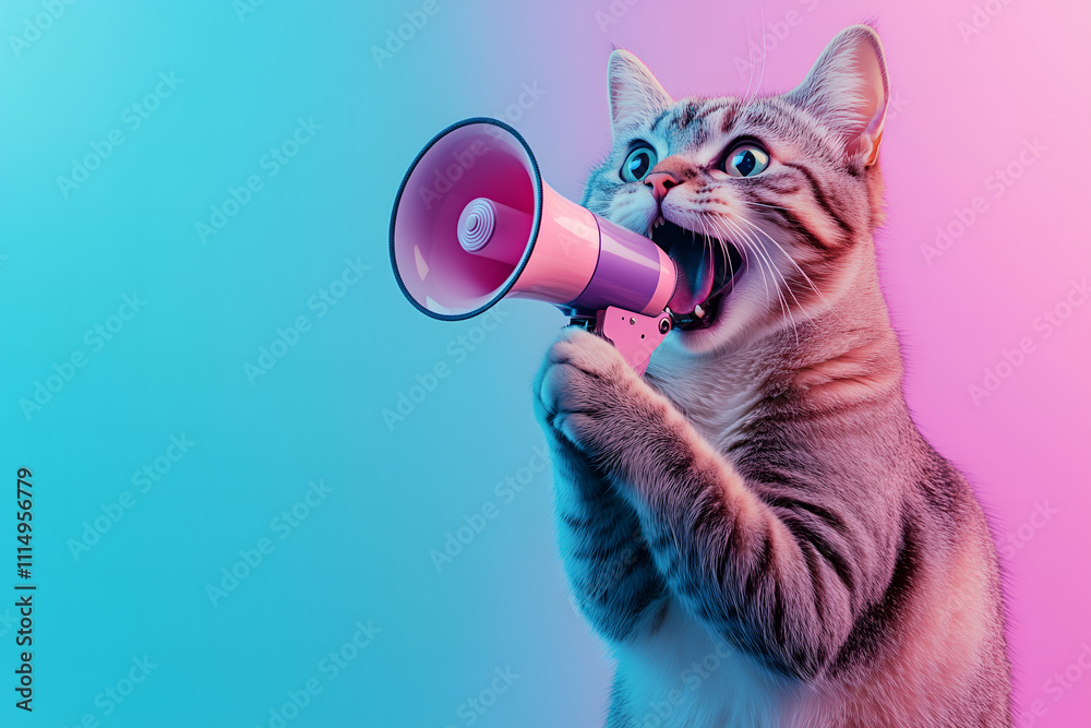 Fototapeta premium A tabby cat excitedly speaks into a large megaphone
