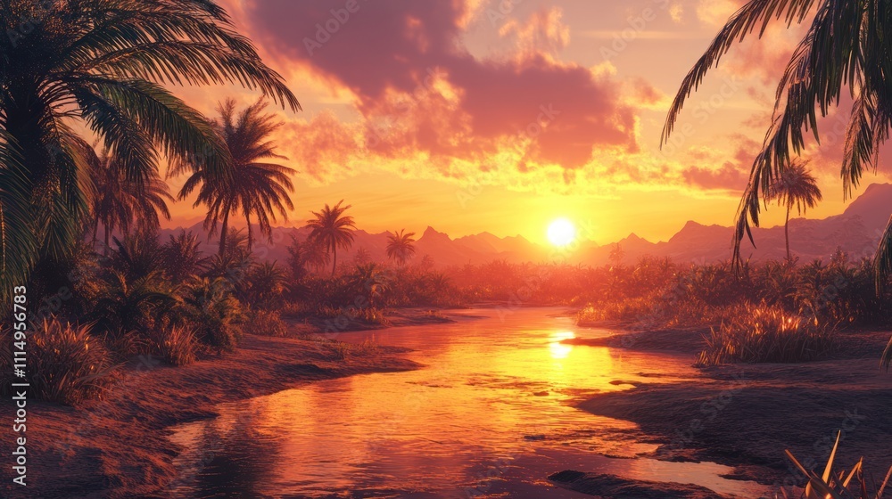 Obraz premium Serene Sunset over Tropical River and Palm Trees