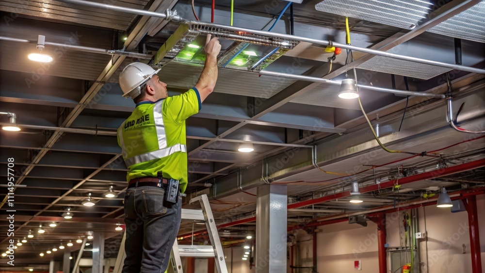 Electrician working on ceiling lights and wires in a building under construction