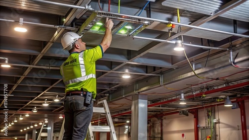 Obraz na płótnie Electrician working on ceiling lights and wires in a building under construction w salonie