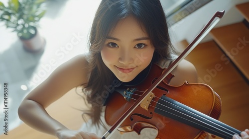Young Woman with Violin, Music, Asian, Talent, Girl, Musician, Instrument,  Indoor, Portrait, Close Up,  Smiling, Happy
