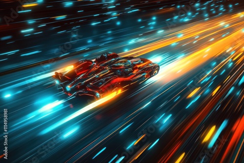 Futuristic racing car speeding through vibrant lights  photo