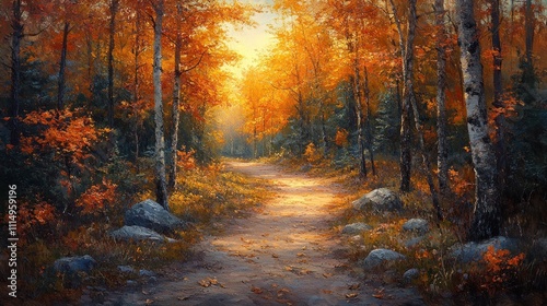 Autumn Forest Pathway with Golden Sunlight and Colorful Foliage