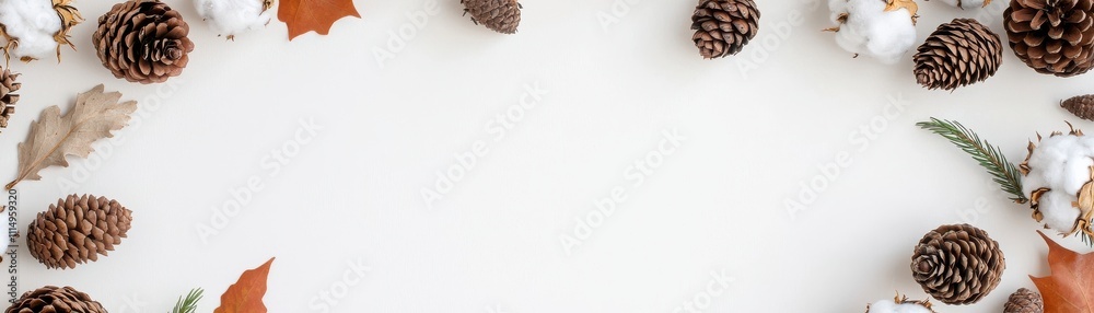 Fototapeta premium A serene flat lay featuring pine cones, cotton, and autumn leaves, creating a natural, seasonal frame on a light background.