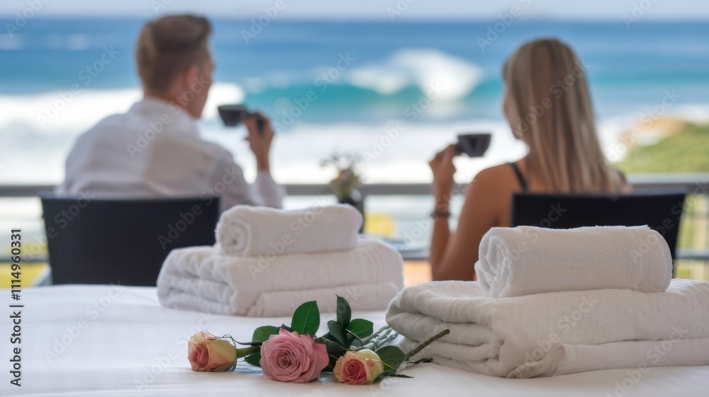 Obraz premium A couple enjoys coffee with a scenic ocean view, surrounded by towels and flowers.