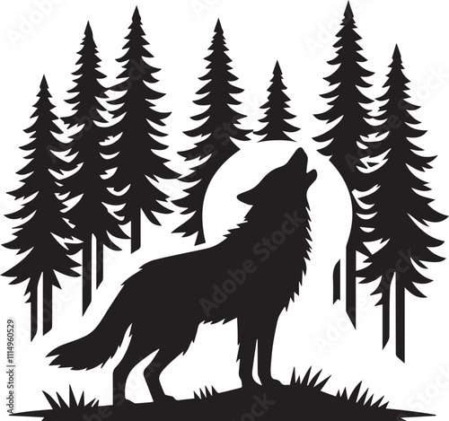 A lone wolf howling with tall pine trees in the background black vector silhouette