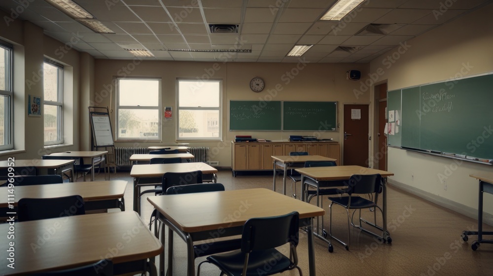 Fototapeta premium Empty classroom with desks, chairs, chalkboard, and windows.