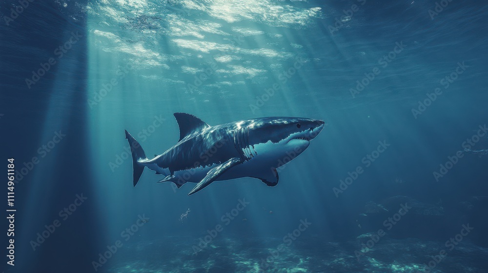 Fototapeta premium Majestic Great White Shark Gliding Through Sunlit Ocean Waters Surrounded by Bubbles and Faint Light Beams Creating a Serene Submarine Scene