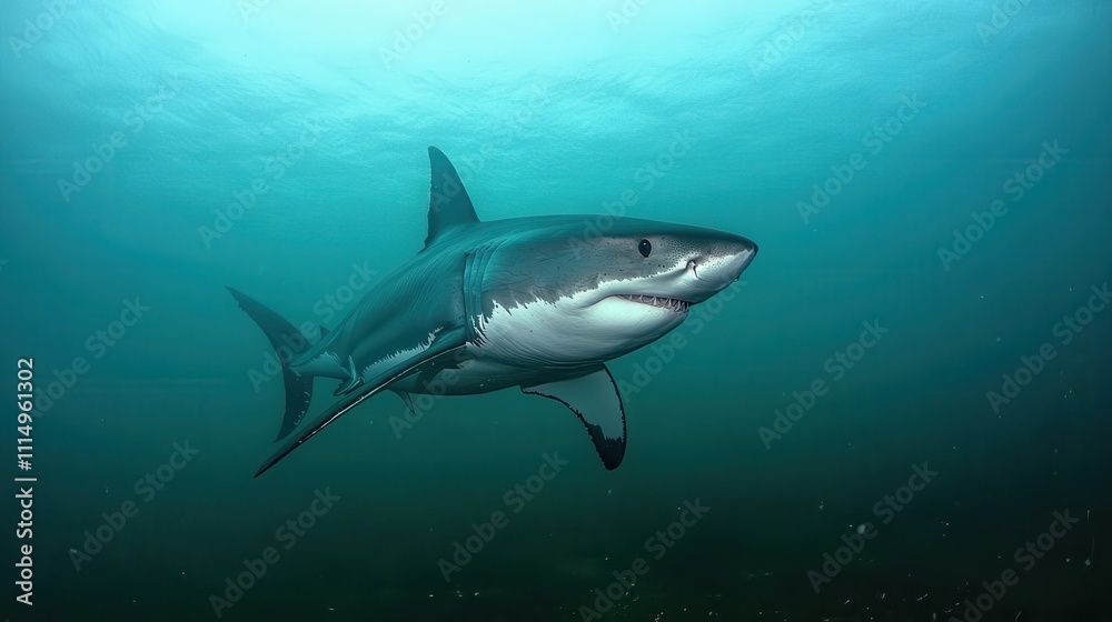 Obraz premium Majestic Great White Shark Swimming Gracefully Underwater in Blue Ocean Environment, Capturing the Essence of Marine Wildlife and Oceanic Exploration
