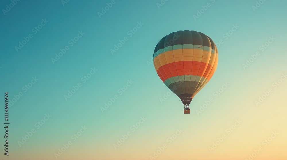Obraz premium A colorful hot air balloon floats against a blue sky with a golden sunset in the background.