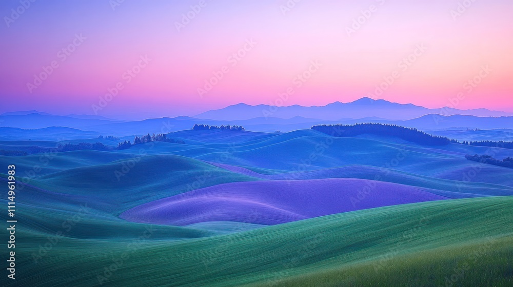Obraz premium A breathtaking view of rolling hills bathed in the soft glow of a sunrise, with distant mountains silhouetted against a vibrant sky.