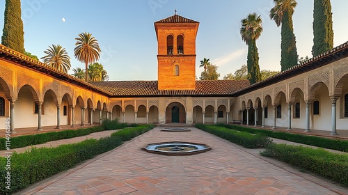 Spanish Courtyard Garden With Central Tower photo