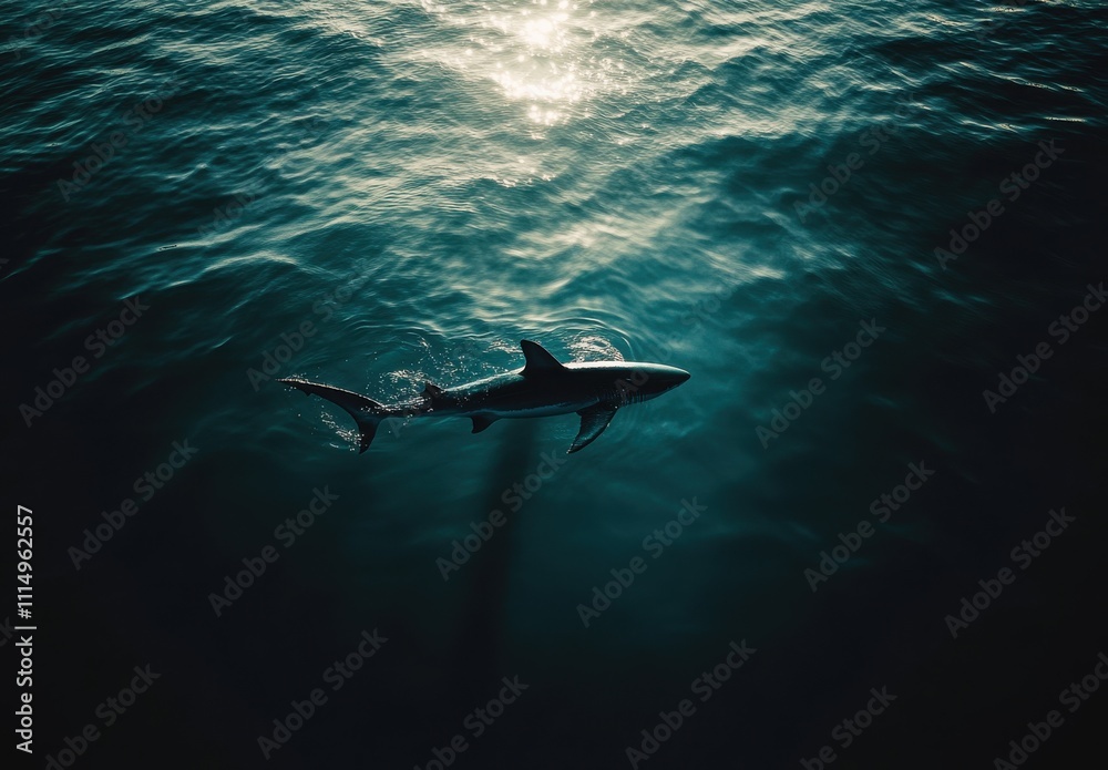 Obraz premium Majestic Shark Swimming Gracefully Beneath Sunlit Ocean Surface, Capturing the Spirit of Marine Life and Nature's Beauty in the Deep Blue Sea